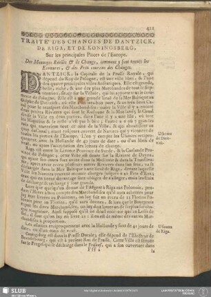 Traité Des Changes De Dantzick, De Riga, Et De Koningsberg, Sur les principales Places de l'Europe. Des Monnoyes Réelles & de Change, comment y sont tenuës les Ecritures, & des Prix Courans des Changes