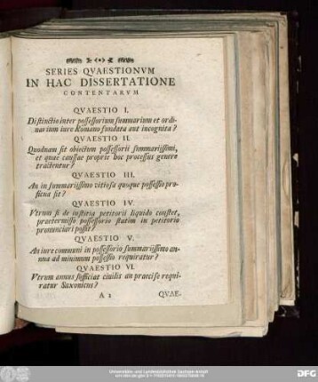 Series Quaestionum In Hac Dissertatione Contentarum