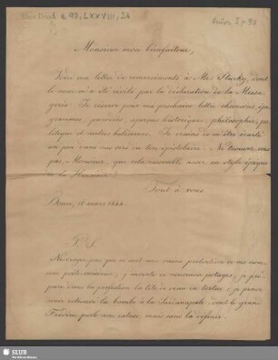 26) Briefabschrift A. W. Schlegel an Unbekannt; dat. Bonn, 16.03.1844