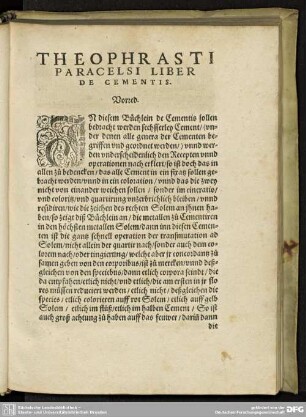 THEOPHRASTI PARACELSI LIBER DE CLEMTIS. Vorred.
