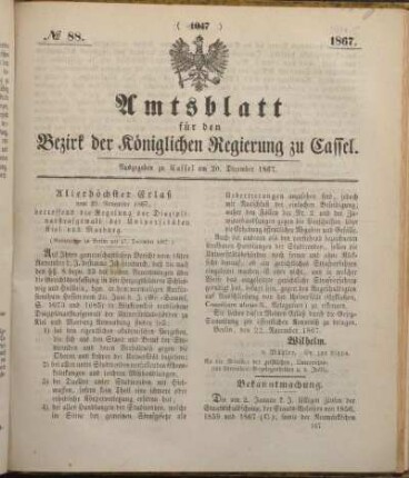 № 88. Ausgegeben zu Cassel am 20. December 1867.