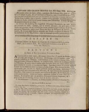 Chapitre IX. Contenant l´Histoire des Regnes des Empereurs Kothboddin Bahader Shah, Jehander Shah, Mohammed Furrukshir & Rafiya Al Derjal.