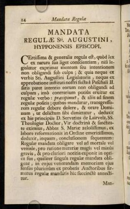 14-28, Mandata Regulae Sti. Augustini, Hypponensis Episcopi.
