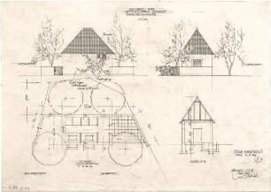 Gsaenger, Gustav; Moosburg (Bayern), Münchnerstr., Thalbacherstr.; Trafostationen - Eingabeplan einer Netztrafostation (Grundriss), Ost- u. Nordseite (Ansichten), Grundriss, Schnitt