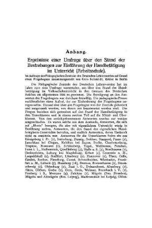 Ergebnisse einer Umfrage über den Stand der Bestrebungen zur Einführung der Handbetätigung im Unterricht (Arbeitsschule) : im Auftrage der Pädagogischen Zentrale des Deutschen Lehrervereins auf Grund eines Fragebogens ; Anhang