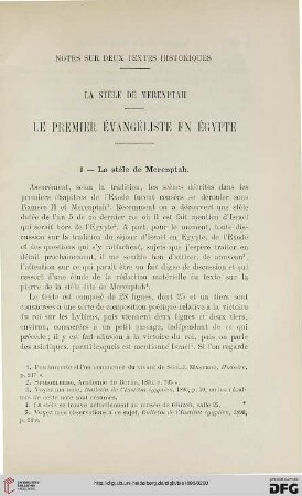 3.Ser. 9.1898: Notes sur deux textes historiques : la stèle de Merenptah; le premier évangeliste en Égypte