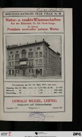 Natur- u. exakte Wissenschaften aus der Bibliothek Dr. Ed. Fleck, Azuga : Versteigerung am 24. - 26. März 1914 (Katalog Nr. 48)