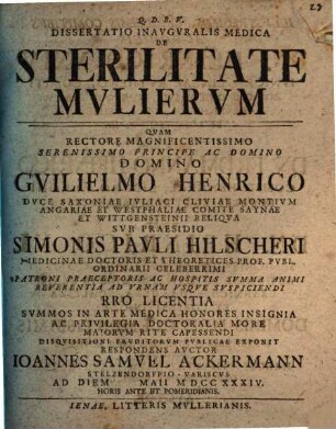 Diss. inaug. ... de sterilitate mulierum