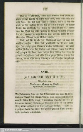 XVIII. Zur vaterländischen Statistik