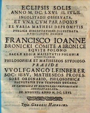 Eclipsis solis anno 1666. II. Iulii Ingolstadii observata