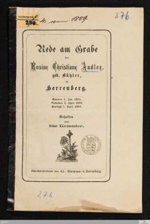 Rede am Grabe der Rosine Christiane Andler, geb. Bühler in Herrenberg : geboren 4. Jan. 1829, gestorben 3. April 1889, beerdigt 5. April 1889