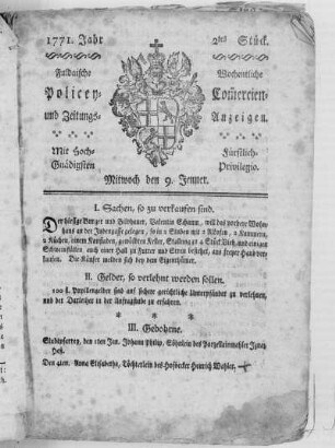 2tes Stück, Ausgabe vom 9. Jenner 1771