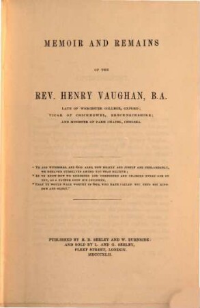 Memoir and Remains of the Rev. Henry Vaughan
