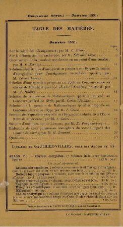 Tables des matières. Janvier 1881.