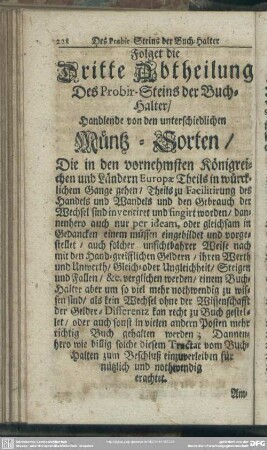 Folget die Dritte Abtheilung Des Probir-Steins der Buch-Halter, Handelnde von den unterschiedlichen Müntz-Sorten
