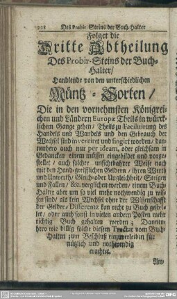 Folget die Dritte Abtheilung Des Probir-Steins der Buch-Halter, Handelnde von den unterschiedlichen Müntz-Sorten