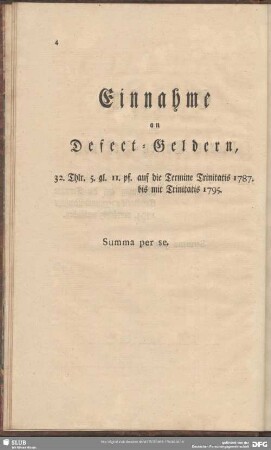 Einnahme an Defect-Geldern