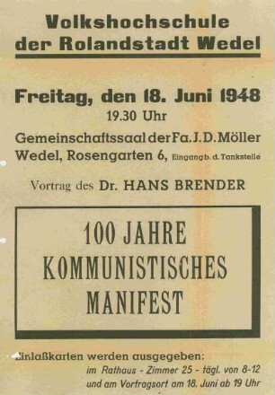 Volkshochschule der Rolandstadt Wedel. Vortrag 100 Jahre Kommunistisches Manifest
