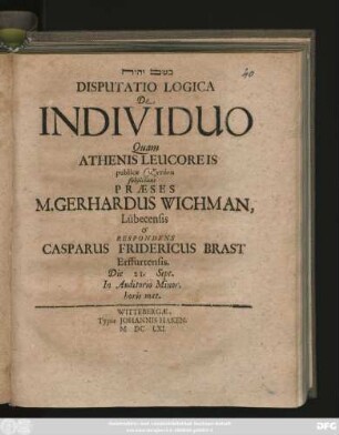 Disputatio Logica De Individuo