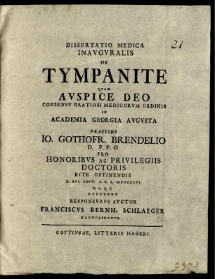 Dissertatio Medica Inauguralis De Tympanite