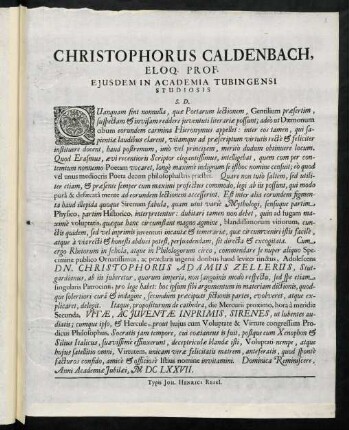 Christophorus Caldenbach, Eloq. Prof. Ejusdem In Academia Tubingensi Studiosis S. D.