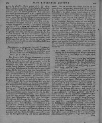 Die Einheit der Protestantischen Kirche. Dargestellt in den Lehren derselben vom Worte Gottes und der christlichen Kirche. Elberfeld: Büschler 1817