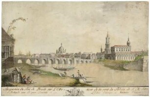 Die Altstadt von Dresden vom Japanischen Palais aus (nach der Radierung Bellottos "Dresden vom rechten Elbufer unterhalb der Augustusbrücke")