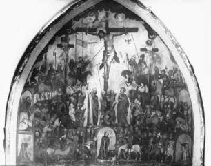 Erfurt, Predigerkirche, Chorschranke, Tafelbild Kalvarienberg in spitzbogiger Nische, sog. Kreuzigung im Gedräng