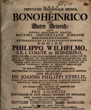 Disputatio Inauguralis Medica, De Bono Heinrico Oder Guten Heinrich
