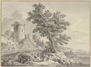 Flusslandschaft, links ein Bauernhaus an dem Turm einer Stadtmauer, in der Bildmitte rasten vier Personen an einem Baum