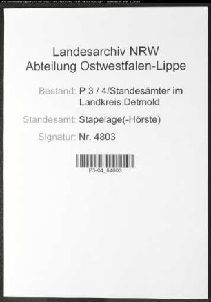Sterberegister Standesamt Stapelage(-Hörste)