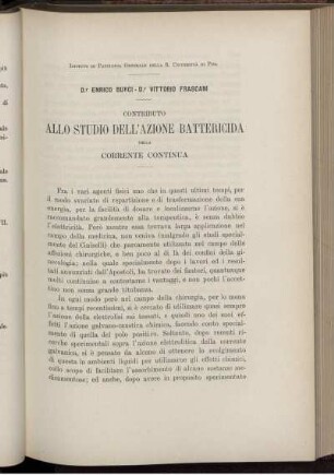 Contributo Allo Studio Dell' Azione Battericida Della Corrente Continua