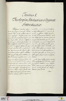 Einleitung des ersten Titulus (der Classis III Theologica): Theologia Scholastica et Dogmatica