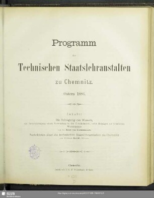 1886: Programm der Technischen Staatslehranstalten zu Chemnitz