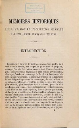 Mémoires historiques sur l'invasion et l'occupation de Malte par une armée française en 1798 : Publ. pour la 1. fois par le Comte de Panisse-Passis. Ornés du portr. de l'auteur