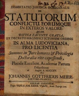 Dissertatio Iuridica Inauguralis De Statutorum Conflictu, Eorumque In Exteros Valore