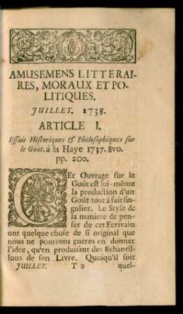 Amusemens Litteraires, Moraux & Politiques. Juillet. 1738