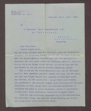 Schreiben von Heinz Dietz, Hannover, an Constantin Fehrenbach, Kritik an der Kandidatur von Wilhelm Marx als Reichspräsident