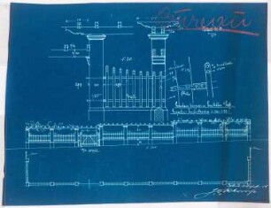 Villa Kuypers, Emsdetten: Aufriss, Grundriss, Schnitt 1:100 und Detail der Einfriedung