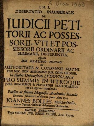 De iudicii petitorii ac possessorii uti et possessorii ordinarii ac summarii differentia
