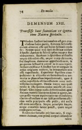 Demensum XVII. Processisse hanc sententiam ex ignoratione Natura spiritalis.