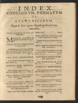 Index Concionum, Thematum, Et Evangeliorum, Quae in hoc opere Quadragesimali continentur.