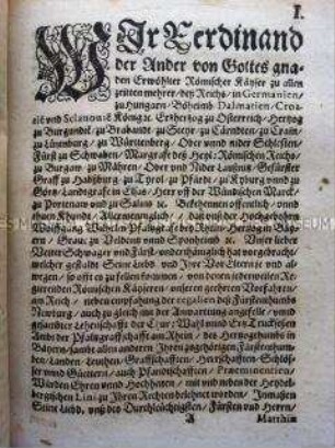 Abdruck einer Urkunde, in der Kaiser Ferdinand II. Herzog Wolfgang Wilhelm von Pfalz-Neuburg die Anwartschaft auf die Kurwürde nach dem Tod Kurfürst Maximilians von Bayern verleiht