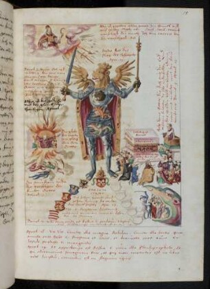 Gottvater im Wolkenkranz; Drei Jünglinge im Feuerofen (Dn 3); Götzenbild Nebukadnezzars und dessen Anbetung (Dn 3) (= Vier Weltreiche (Dn 7); (= Apokalyptisches Tier, Ap. 13); Die Verdammten im Höllenschlund; Wappenschilde