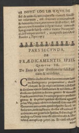 Pars Secunda, De Praedicamentis Ipsis.
