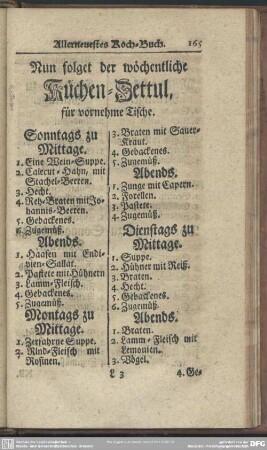 Nun folget der wöchentliche Küchen-Zettul, für vornehme Tische