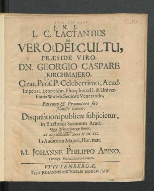 L. C. Lactantius De Vero (Dei) Cultu