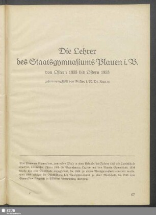 Die Lehrer des Staatsgymnasiums Plauen i. V. von Ostern 1835 bis Ostern 1935