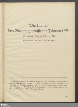 Die Lehrer des Staatsgymnasiums Plauen i. V. von Ostern 1835 bis Ostern 1935