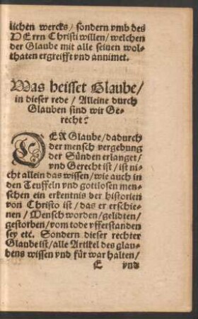 Was heisset Glaube/ in dieser rede/ Alleine durch Glauben sind wir Gerecht?